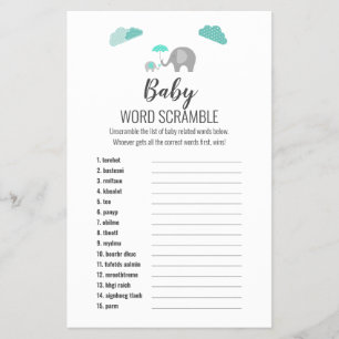 Mummy Baby Elephant with Clouds UK Words Scramble Flyer