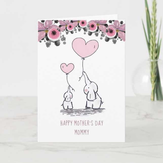 Mummy Baby Elephants Folded Greeting Card (Front)