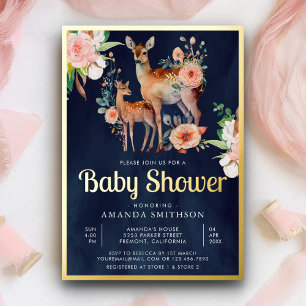 Mummy Baby Floral Deer Navy Blue Baby Shower Gold