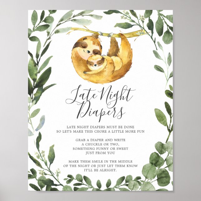 Mummy Baby Sloth Baby Shower Late Night Diapers Poster (Front)