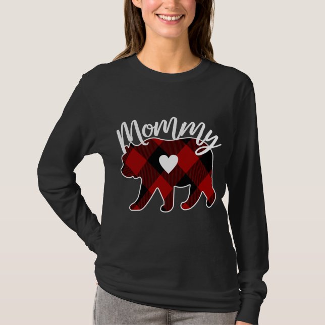 Mummy Bear Christmas Buffalo Plaid Red White And B T-Shirt (Front)