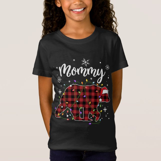 Mummy Bear Red Plaid Mama Christmas Lights Buffalo T-Shirt (Front)
