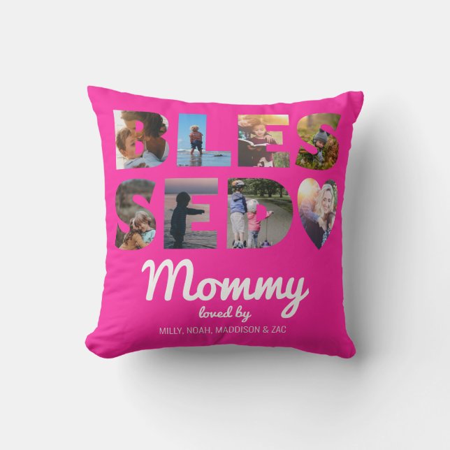 Mummy Blessed Photo Collage Personalised Hot Pink Cushion (Front)