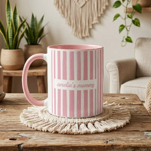 Mummy Custom Pink Stripes Mum Baby Announcement Mug