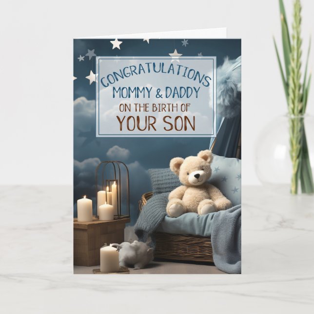 Mummy Daddy Blue New Baby Congratulations Card (Front)