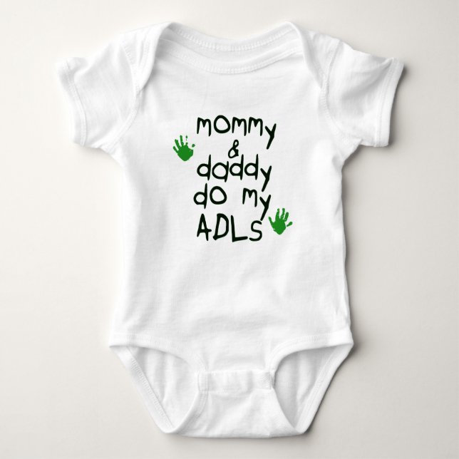 Mummy & Daddy do my ADLs green handprint OT baby Bodysuit (Front)