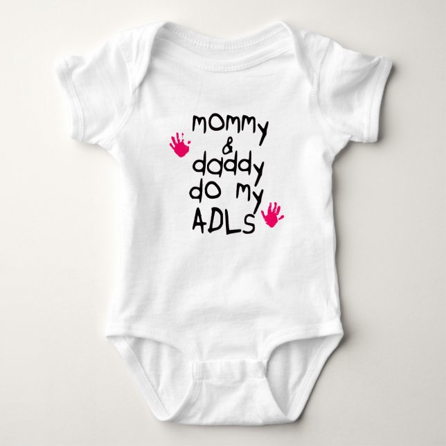 Mummy & Daddy do my ADLs pink handprint OT baby Baby Bodysuit (Front)