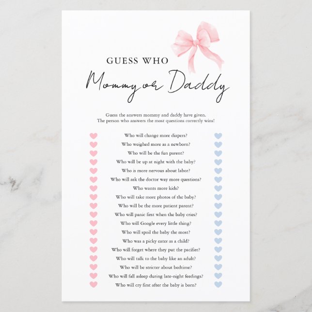 Mummy Daddy Guess Who Baby Shower Game Sheets (Front)