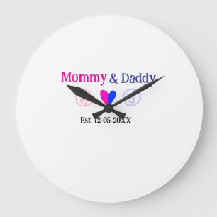 Mummy & Daddy new parents add name date heart blue Large Clock