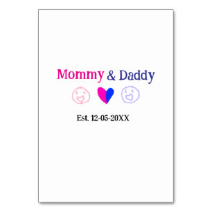 Mummy & Daddy new parents add name date heart blue Table Number