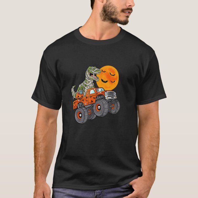 Mummy Dinosaur Driving Car On Halloween T-Shirt (Front)
