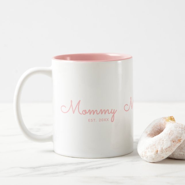 Mummy Established Blush Pink Script  Two-Tone Coffee Mug (With Donut)