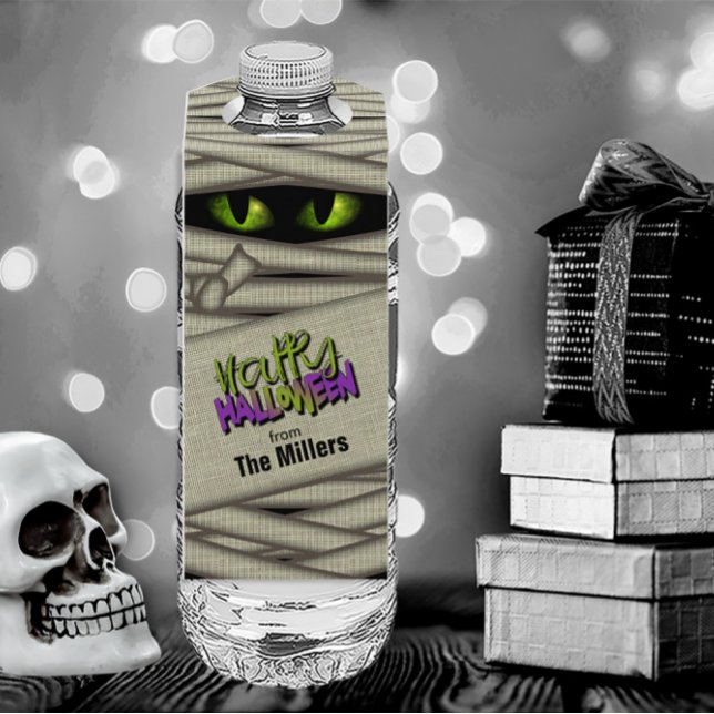 Mummy Eyes Halloween Green ID685 Bottle Tag (Water Bottle In Situ)