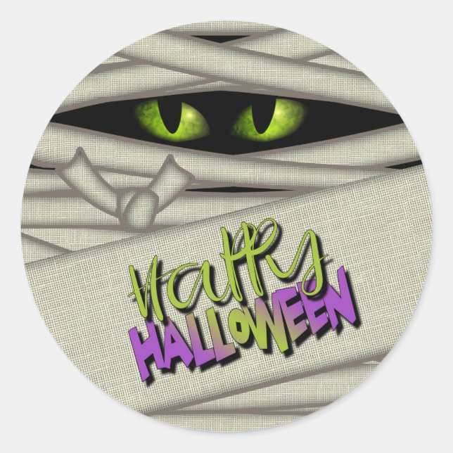 Mummy Eyes Happy Halloween Green/Purple ID685 Classic Round Sticker (Front)