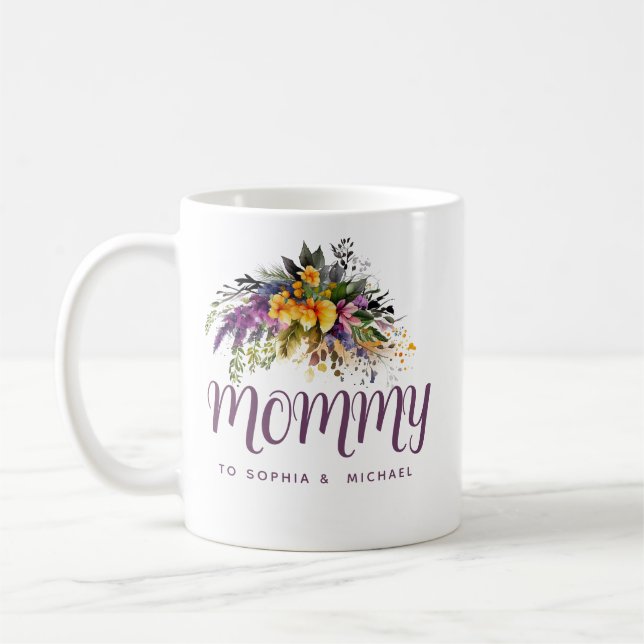 Mummy  Kids Names Floral Mother's Day Coffee Mug (Left)