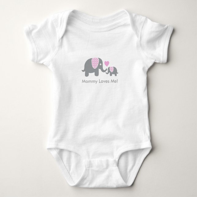 Mummy Loves Me Elephants in Pink and Grey Baby Bodysuit (Front)