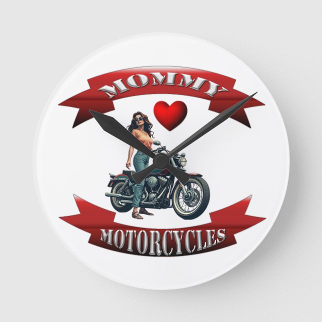 Mummy Loves Motorcycles Round Clock (Front)