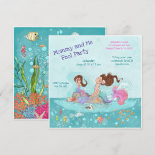 Mummy & Me Pool Girly Brunette Mermaids Invitation