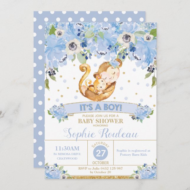 Mummy Monkey and Baby Monkey Baby Shower Baby Boy Invitation (Front/Back)