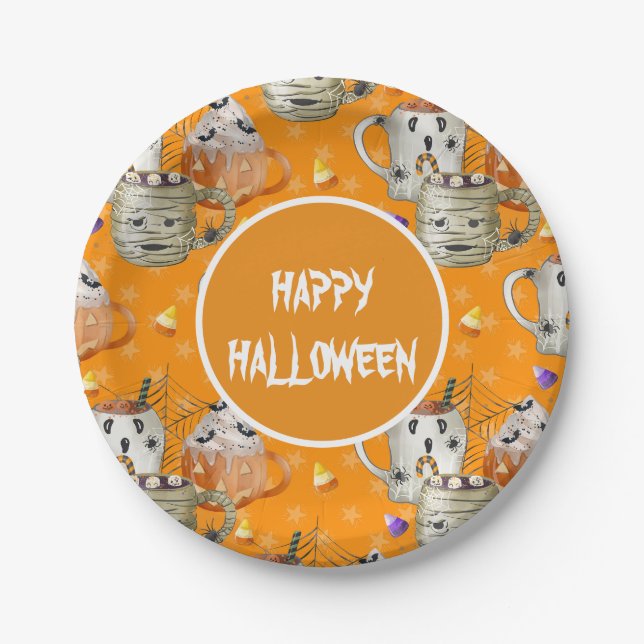 Mummy Mugs Happy Halloween  Paper Plate (Front)
