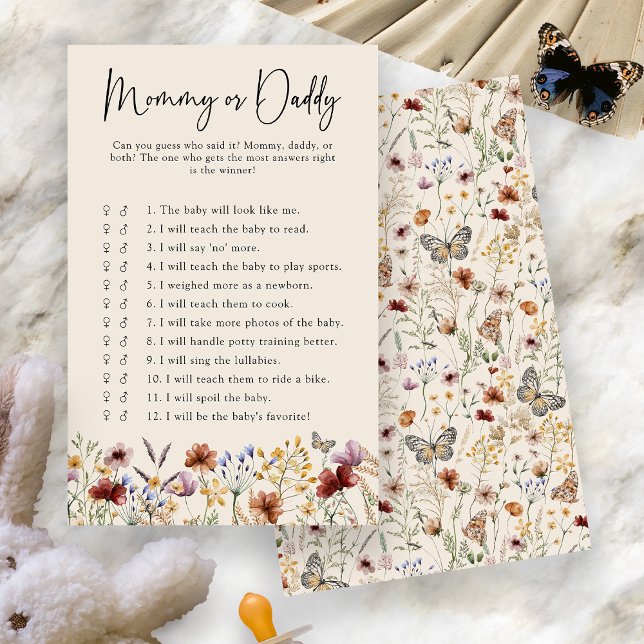 Mummy Or Daddy Baby Game (Boho Floral Mommy Or Daddy Baby Game Card by Painted Paperie
)