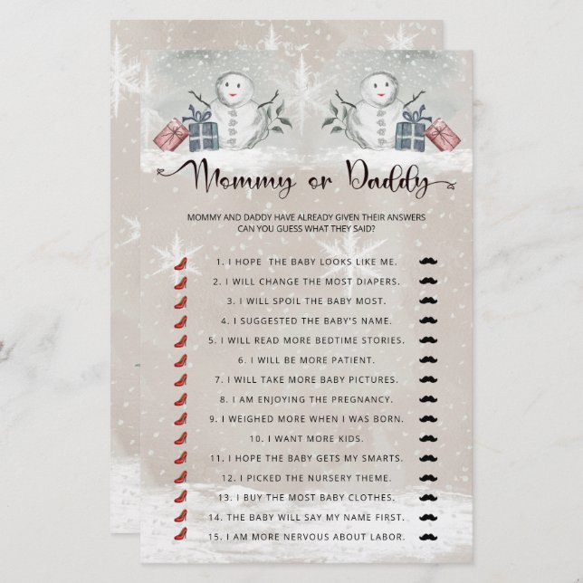Mummy or daddy baby shower baby game (Front/Back)