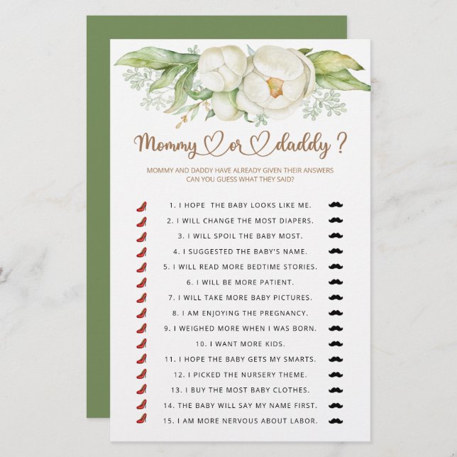 Mummy or daddy baby shower game (Front/Back)