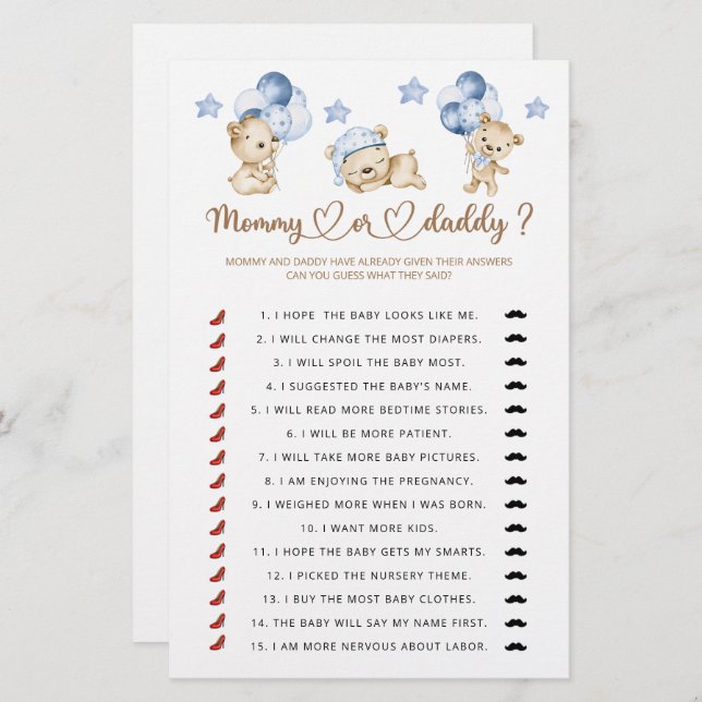 Mummy or daddy baby shower game (Front/Back)