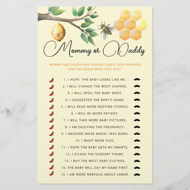 Mummy or daddy baby shower game (Front)
