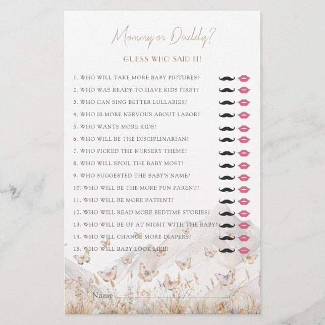 Mummy or Daddy Baby Shower Game Card (Front)