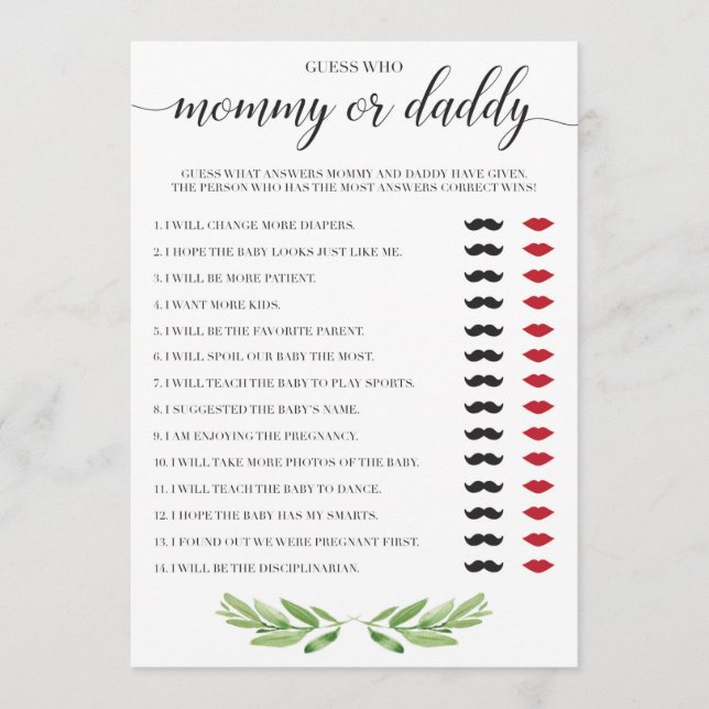 Mummy or Daddy Baby Shower Game Greenery Theme (Front)