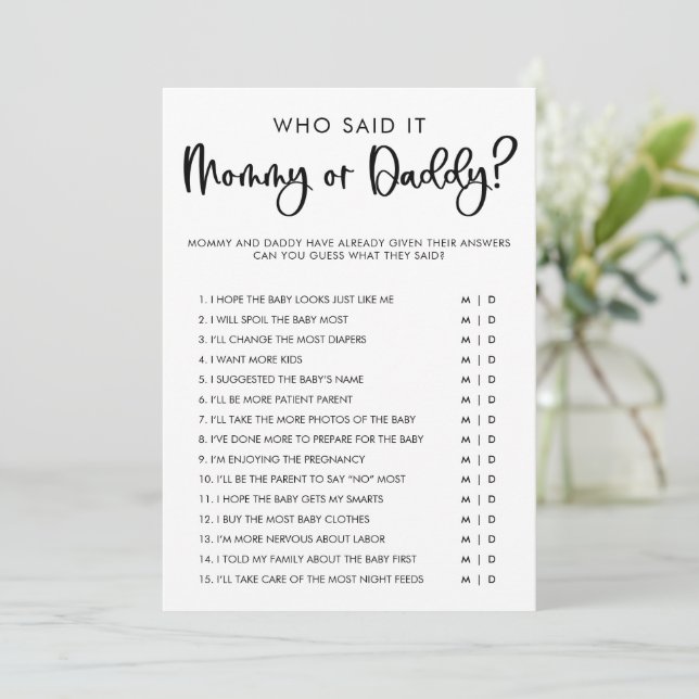 Mummy or Daddy baby shower game modern minimalist  Invitation (Standing Front)