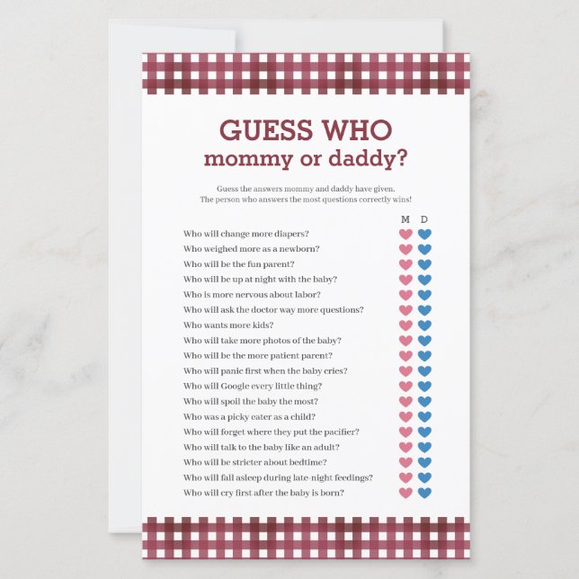 Mummy or Daddy Baby Shower Game Paper Sheet (Front)