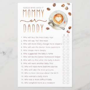 Mummy or Daddy Baby Shower Game Sheet