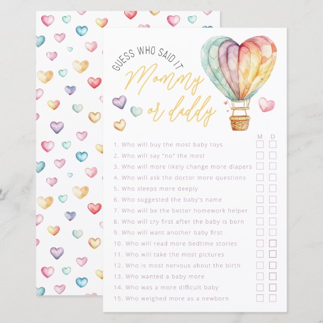 Mummy or Daddy Baby Shower Game Sheet (Front/Back)
