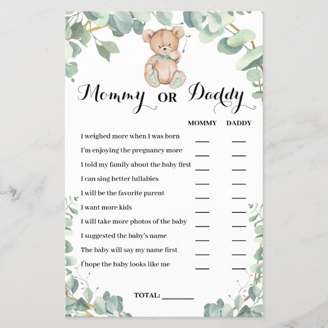 Mummy or Daddy Bear Greenery Baby Shower Game Card (Front)