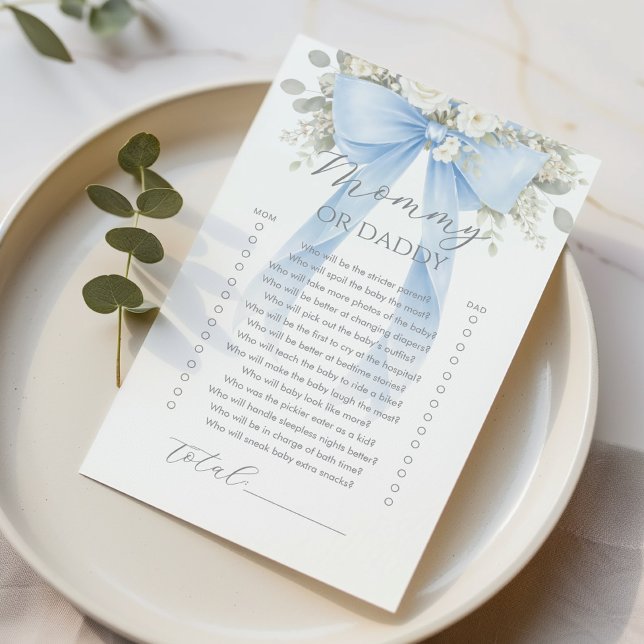 Mummy or daddy Blue Floral Bow Baby Shower game (Creator Uploaded)