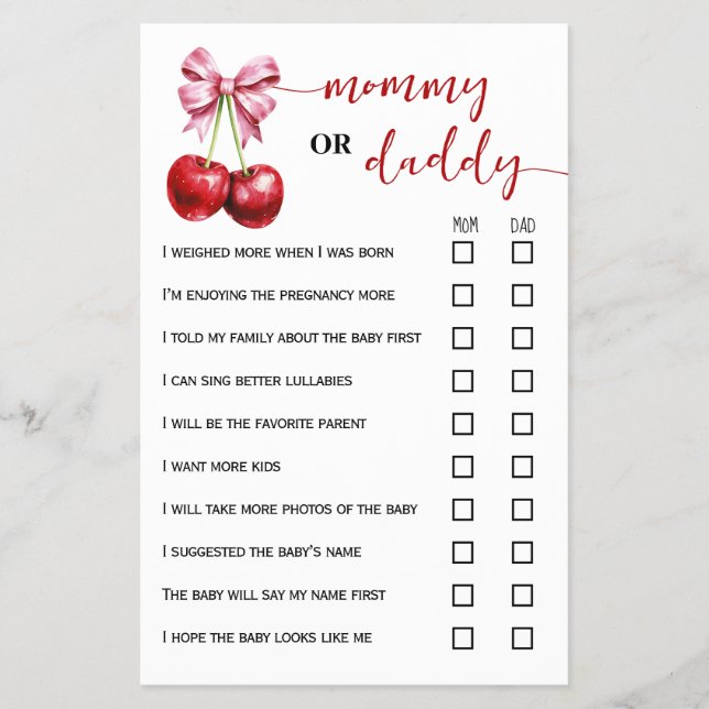 Mummy or Daddy Cherry Baby Shower Game Card (Front)