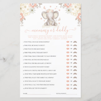 Mummy or Daddy Elephant Girl Baby Shower Game
