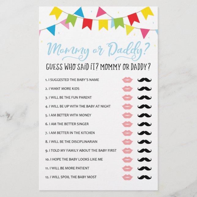 Mummy or Daddy Game Baby Shower Party game (Front)