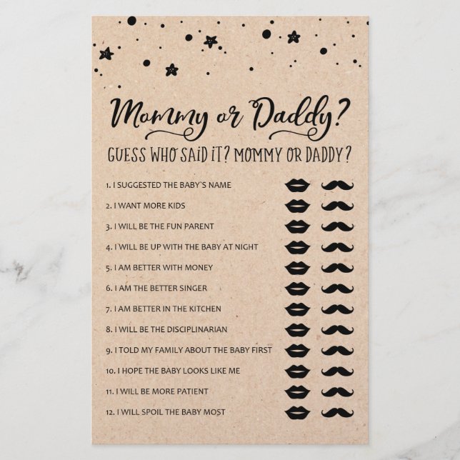 Mummy or Daddy Game Baby Shower Party game (Front)