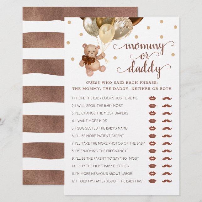 Mummy or Daddy Game Baby Shower Teddy Bear  (Front/Back)