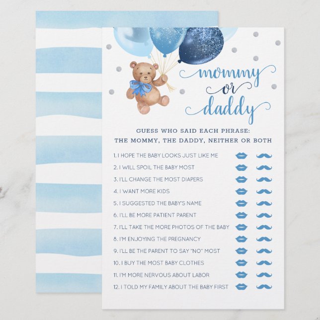 Mummy or Daddy Game Baby Shower Teddy Bear  (Front/Back)