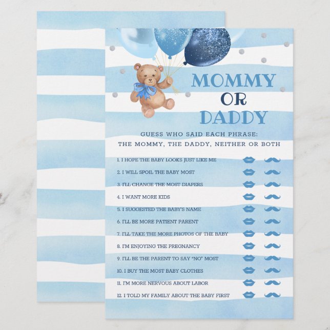 Mummy or Daddy Game Baby Shower Teddy Bear  (Front/Back)
