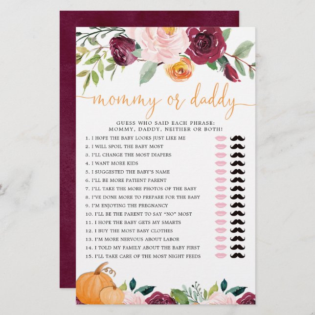 Mummy or Daddy game Fall floral pumpkins (Front/Back)