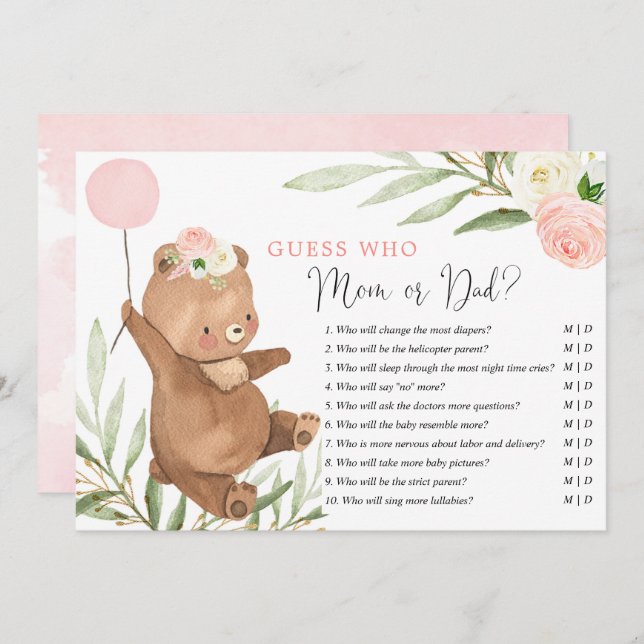 Mummy or Daddy game pink floral teddy bear Invitation (Front/Back)