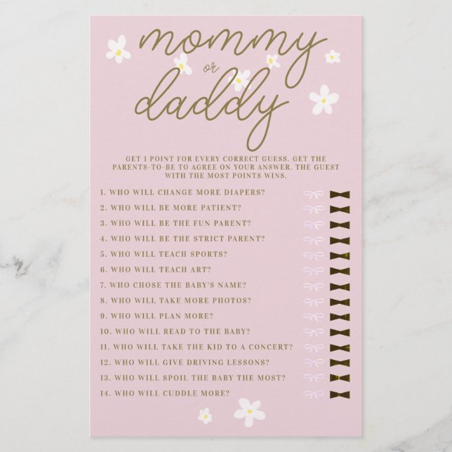 Mummy or Daddy Guess Baby Shower Game Daisies Pink Flyer (Front)