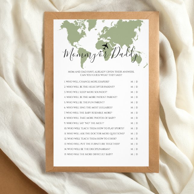 Mummy or Daddy Travel Map Baby Shower Game Flyer (Mommy or Daddy Baby Shower Game, Travel themed)