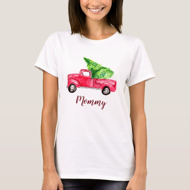 Mummy Red Pickup Truck Christmas Tree watercolor T-Shirt (Front)