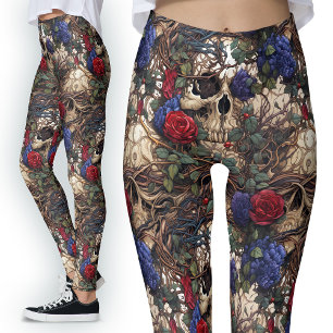 Mummy Skulls Dark Fantasy Vintage Roses Goth Leggings